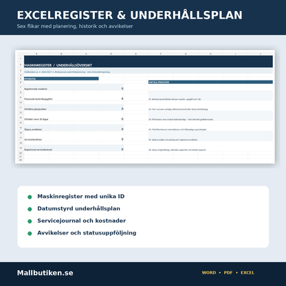 Excel maskinregister underhållsplan servicejournal avvikelsehantering och dashboard