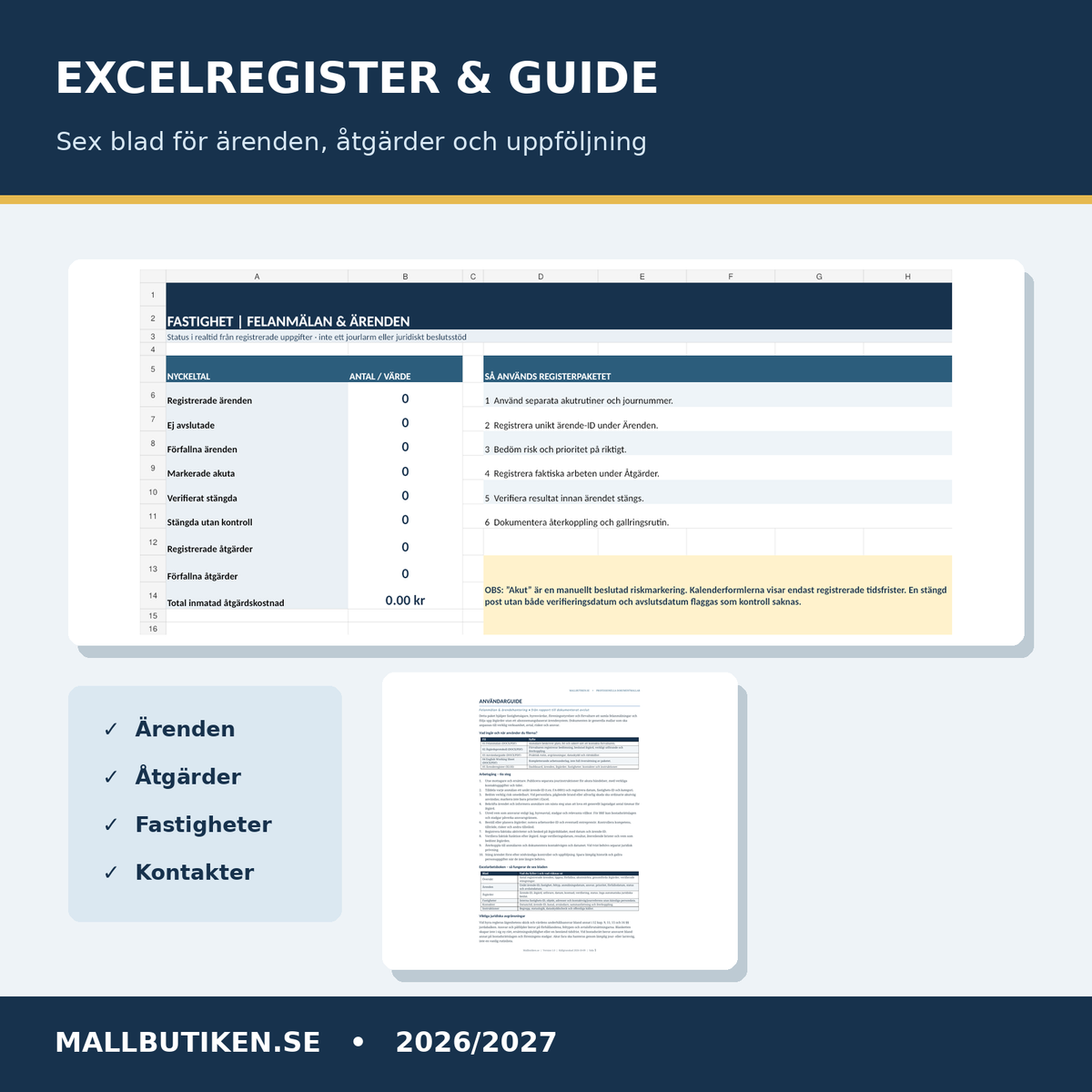 Excel felanmälningsregister ärenden åtgärder fastigheter och dokumentguide