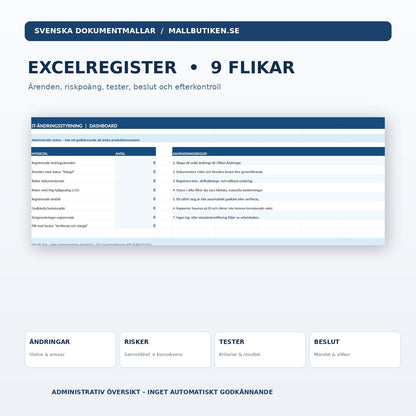 Excelregister för IT-ändringsstyrning, översikt och nio arbetsflikar