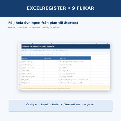Excelregister för kontinuitetsövning med nio flikar, nyckeltal och åtgärdsuppföljning