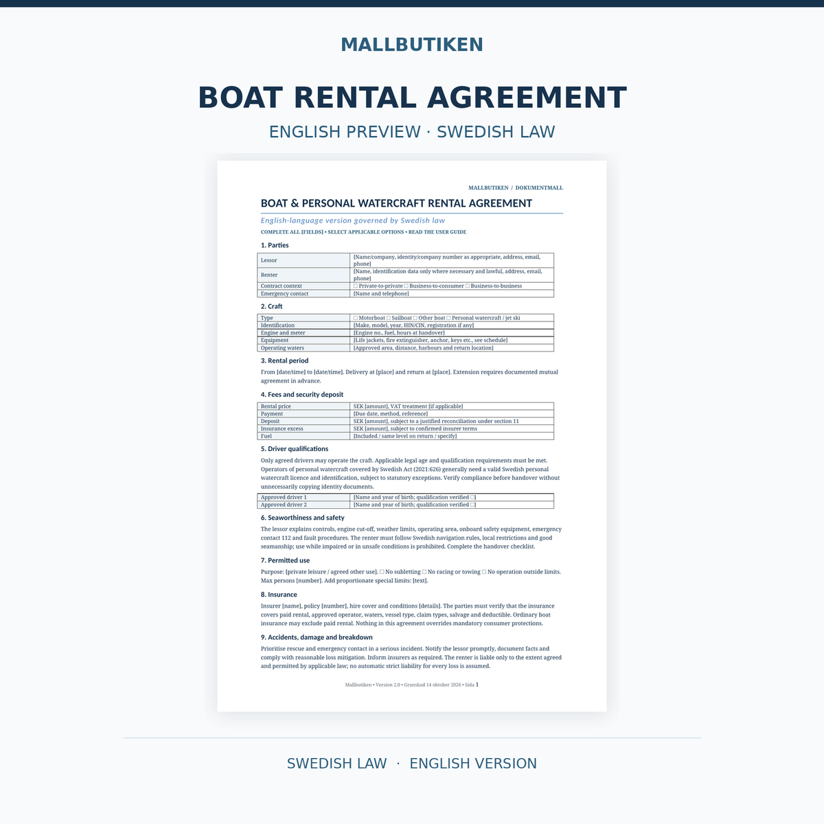 English boat rental contract under Swedish law preview
