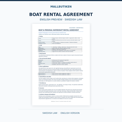 English boat rental contract under Swedish law preview