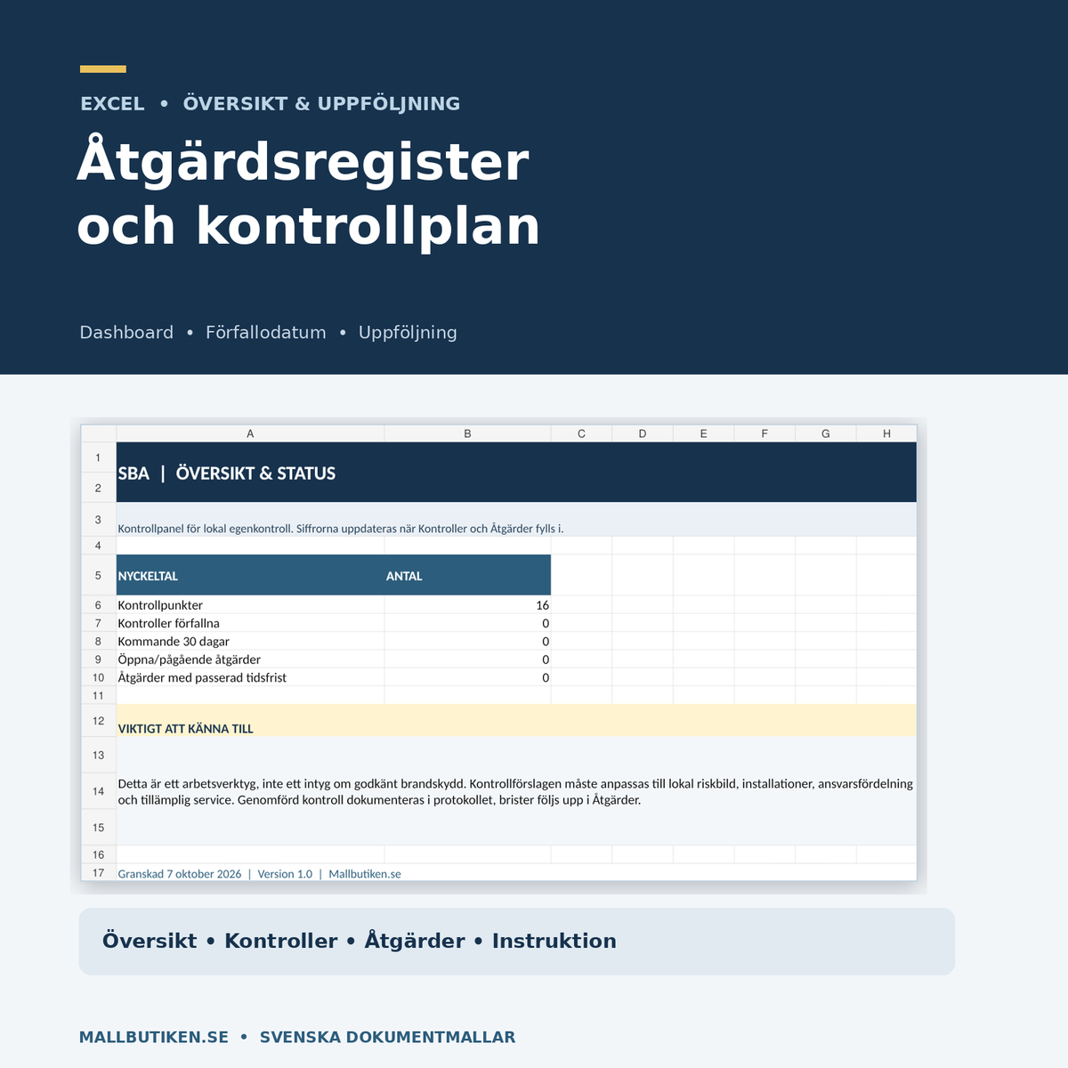 SBA Excel kontrollplan åtgärdsregister och dashboard
