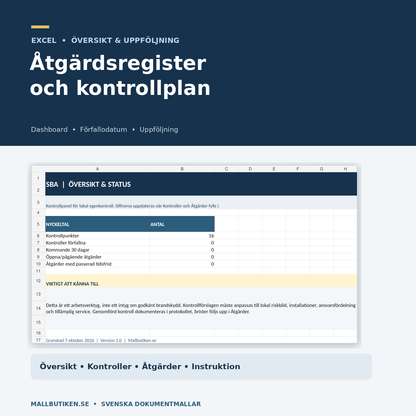 SBA Excel kontrollplan åtgärdsregister och dashboard