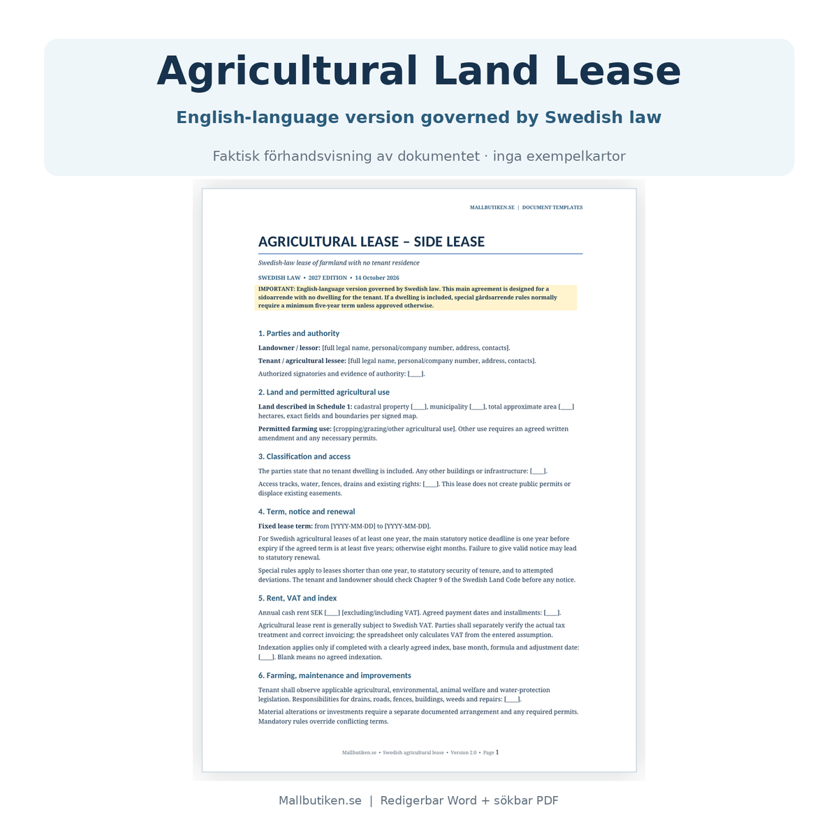 Agricultural land lease Swedish law – English preview of actual agreement