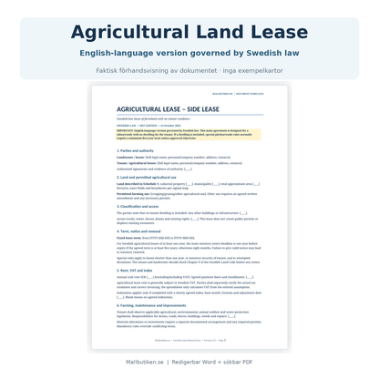 Agricultural land lease Swedish law – English preview of actual agreement