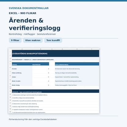Excelregister med nio flikar för leverantörsärenden, kontroller, riskflaggor och attest, förhandsvisning av tom kundfil
