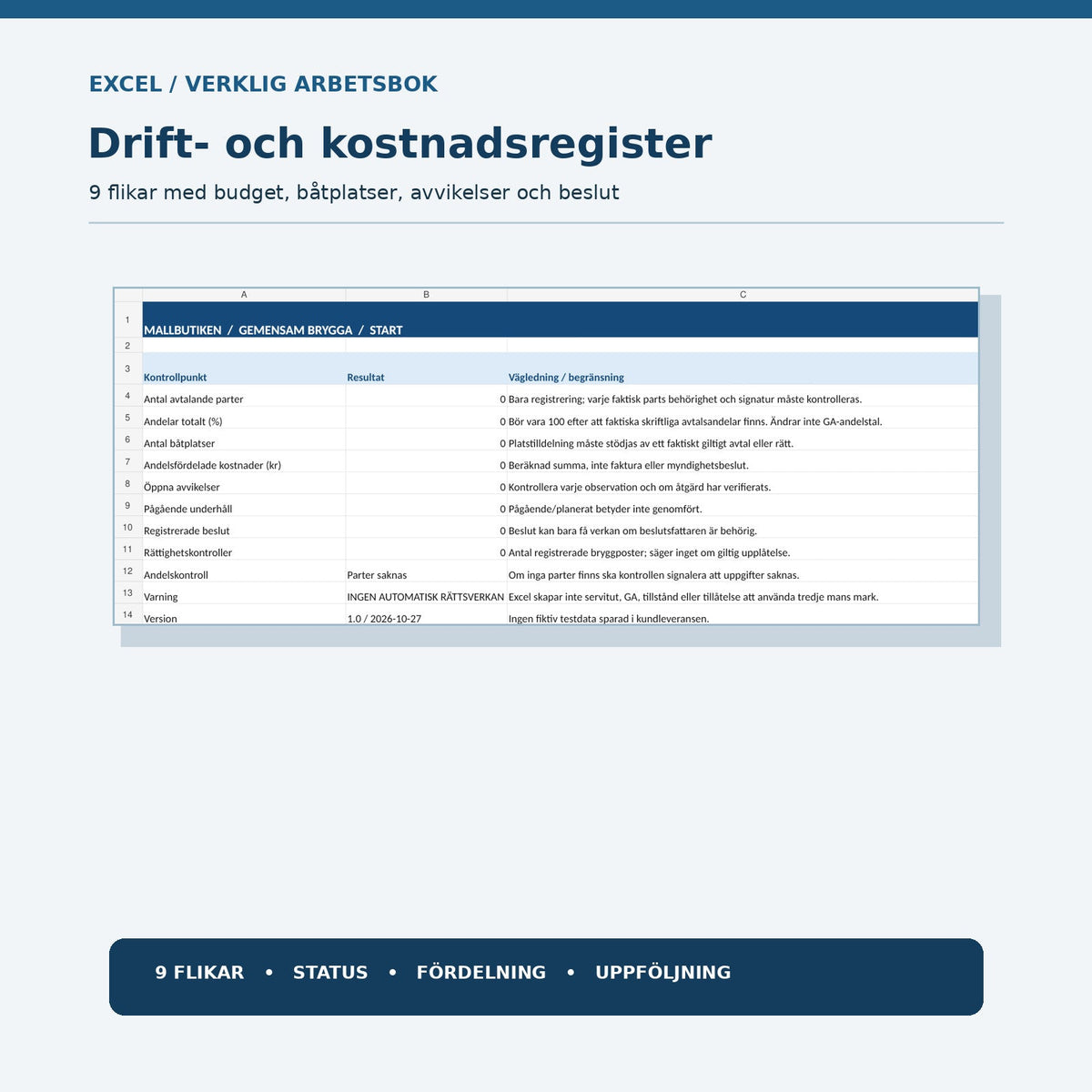 Excelregister för gemensam brygga – nio flikar för båtplatser driftkostnader och underhåll