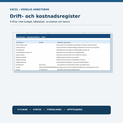 Excelregister för gemensam brygga – nio flikar för båtplatser driftkostnader och underhåll