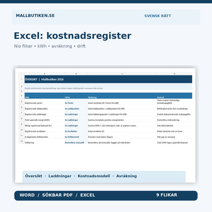 Laddkostnadsregister i Excel med nio flikar, kWh, kostnadsmodell och avräkning