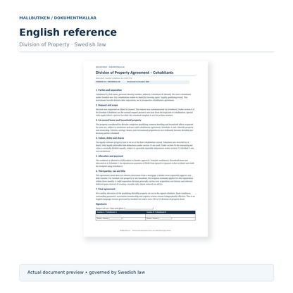 English division of property agreement for cohabitants – preview governed by Swedish law