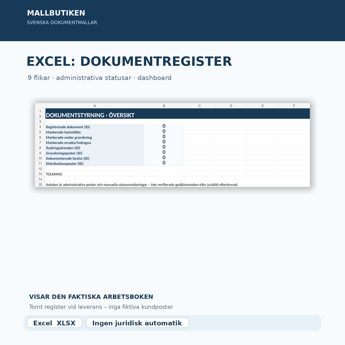 Exceldashboard och register för dokumentversioner, granskningar och beslut