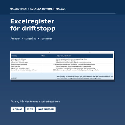 Excelregister för maskinernas driftstopp, stilleståndstid och administrativa kostnader – verklig översiktsbild