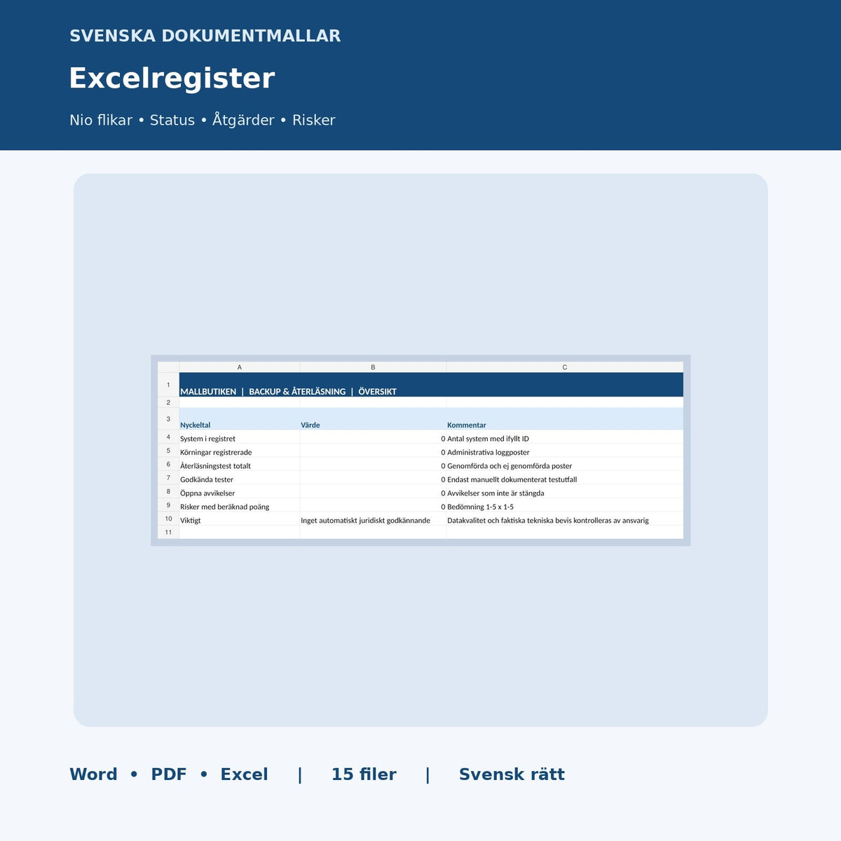 Excelregister för backup och återläsning – förhandsvisning av översikt med nio flikar