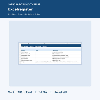 Excelregister för backup och återläsning – förhandsvisning av översikt med nio flikar