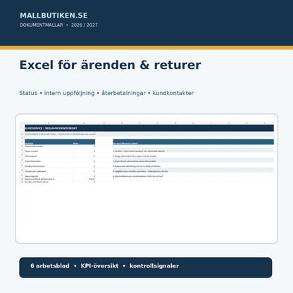 Excel reklamationsregister ärendehantering returer återbetalningar kontaktlogg kontrollsignal