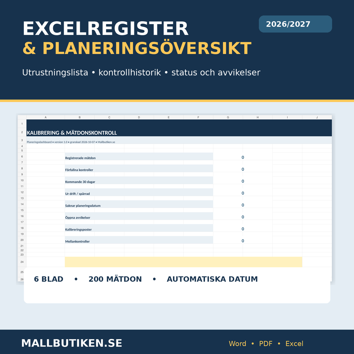 Kalibreringsregister Excel dashboard med förfallodatum, instrumentregister och logg
