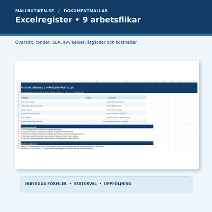 Fastighetsservice Excelregister med nio flikar för serviceronder SLA avvikelser och kostnader
