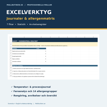 Excel HACCP journal temperaturkontroll allergenmatris avvikelser rengöring