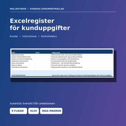 Excelarbetsbokens kundregister och administrativa statusöversikt utan testdata