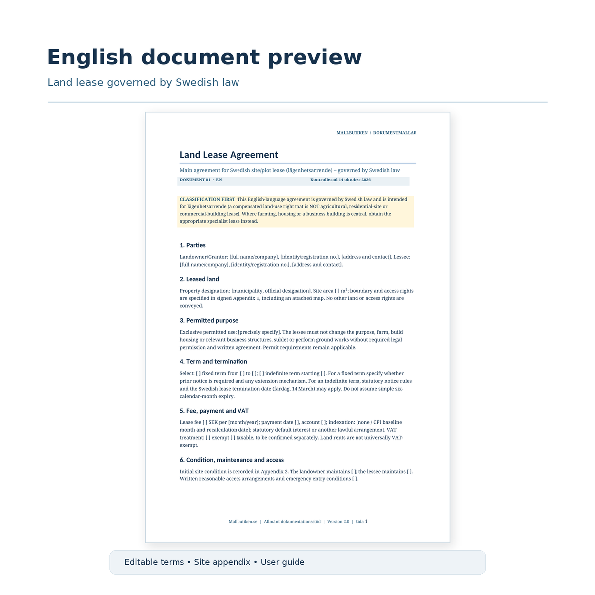 Land Lease Agreement – English preview governed by Swedish law