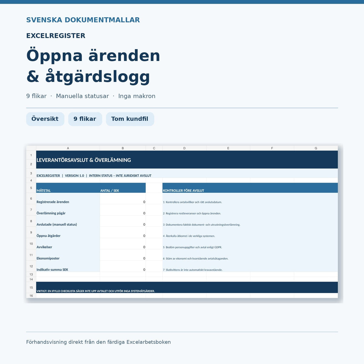 Excelregister med nio flikar för leverantörsavslut, åtgärder, ekonomi och behörigheter