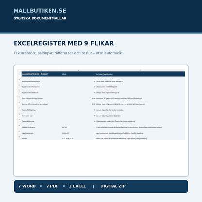Excelregister med nio flikar för fakturasaldon, reskontraavstämning och differensutredning