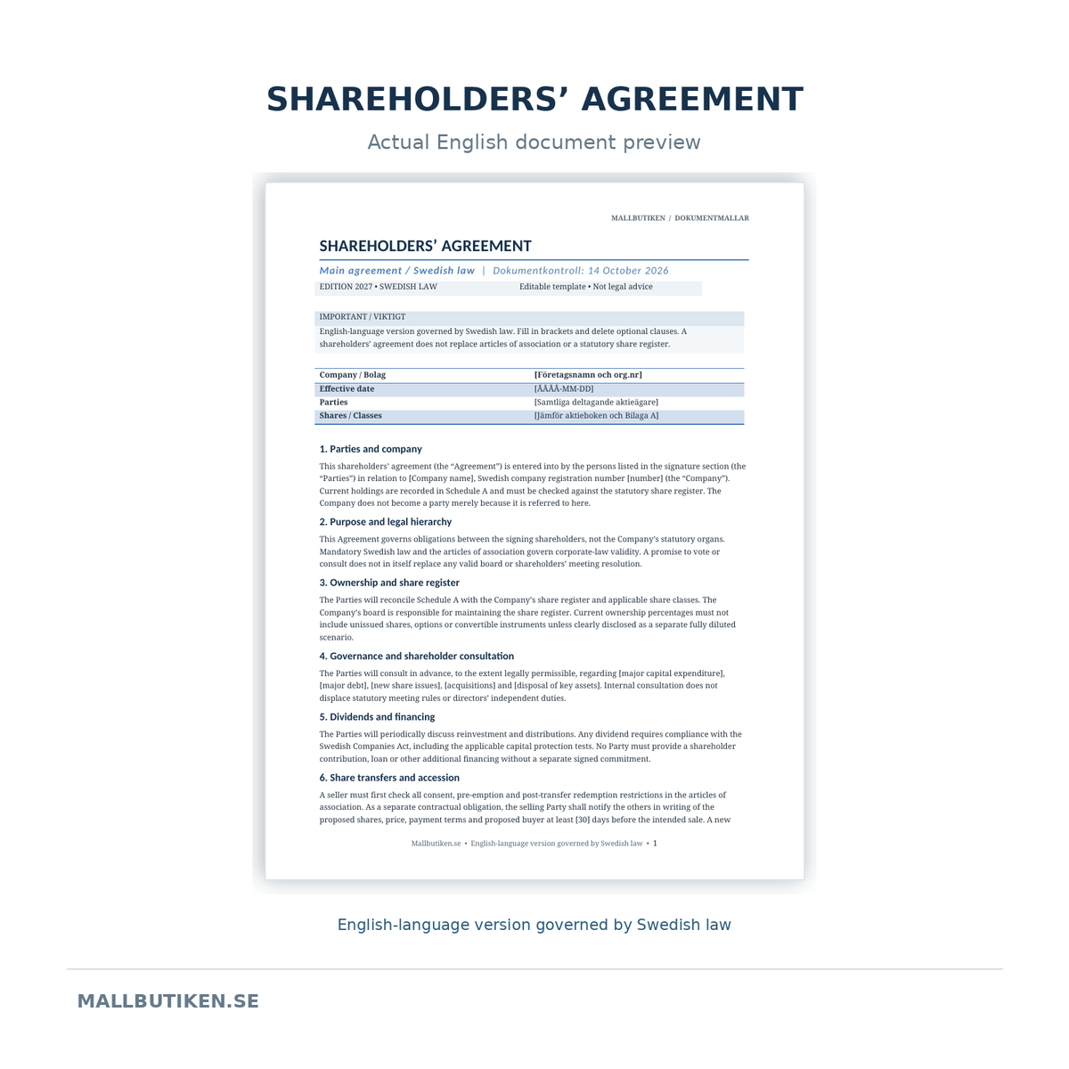 Shareholders agreement English preview – governed by Swedish law