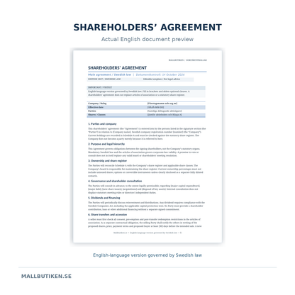 Shareholders agreement English preview – governed by Swedish law