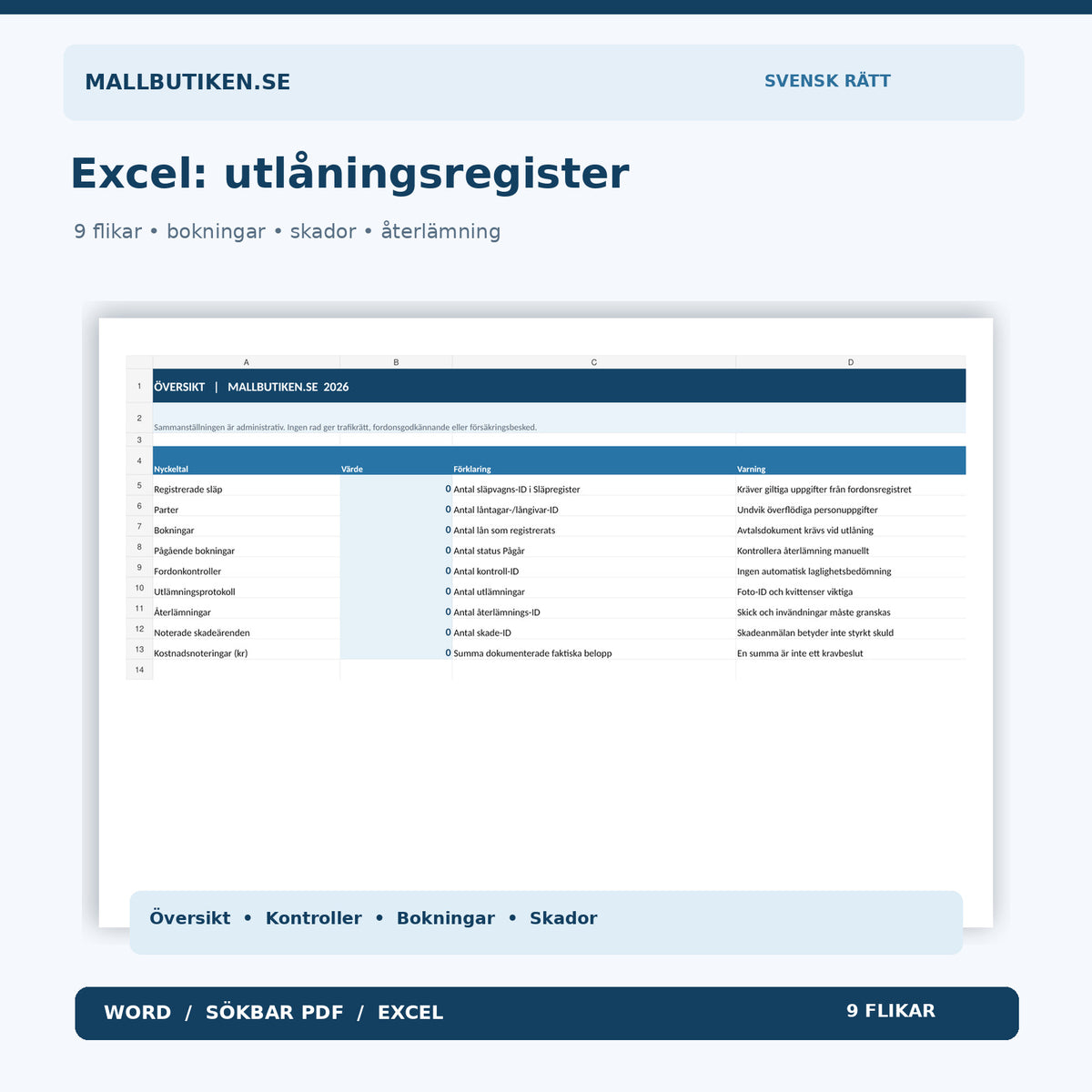 Släpvagn utlåningsregister i Excel – nio flikar för bokningar kontroller och skador