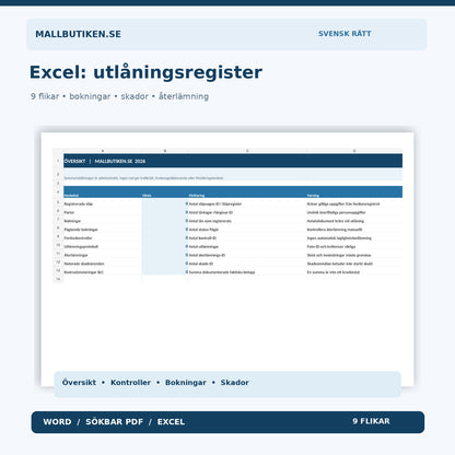 Släpvagn utlåningsregister i Excel – nio flikar för bokningar kontroller och skador