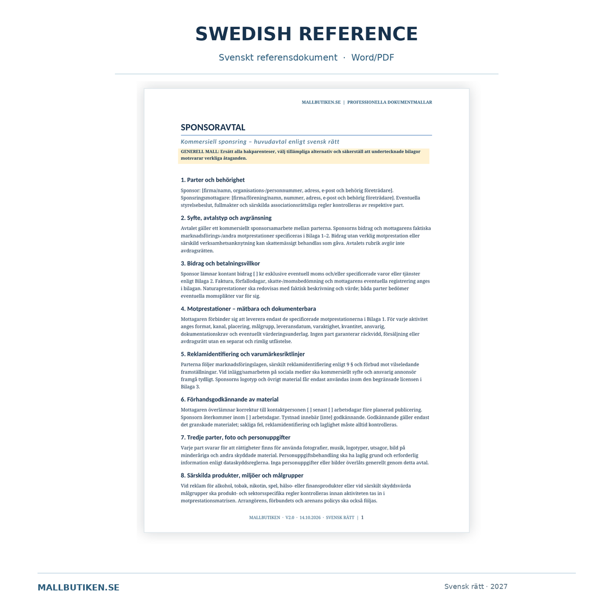Actual Swedish reference agreement sponsoravtal – PDF DOCX preview