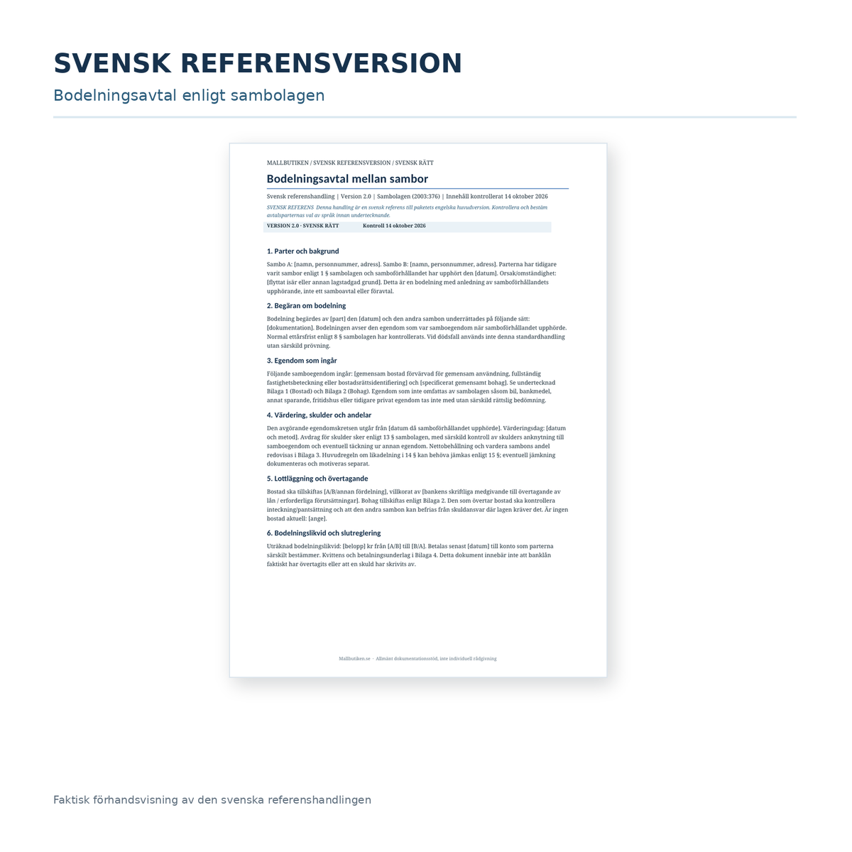 Svenskt referensdokument bodelningsavtal sambo – faktisk förhandsvisning, Word och PDF