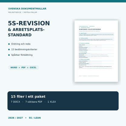 5S-revision och arbetsplatsstandard 2026/2027 med Word, PDF och Excel