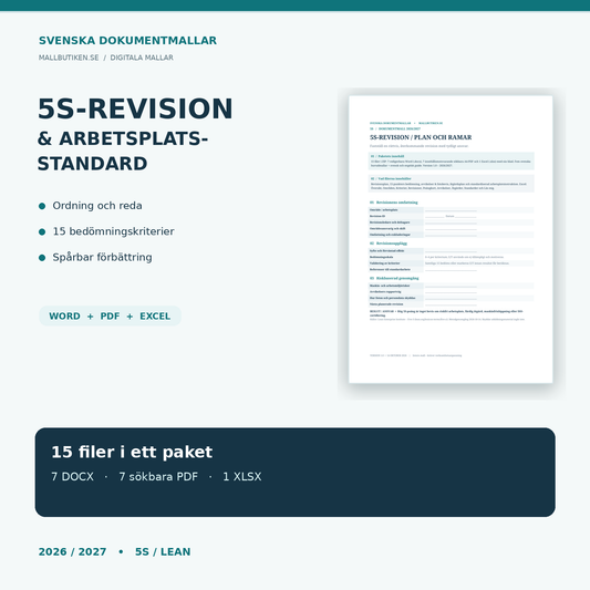 5S-revision och arbetsplatsstandard 2026/2027 med Word, PDF och Excel