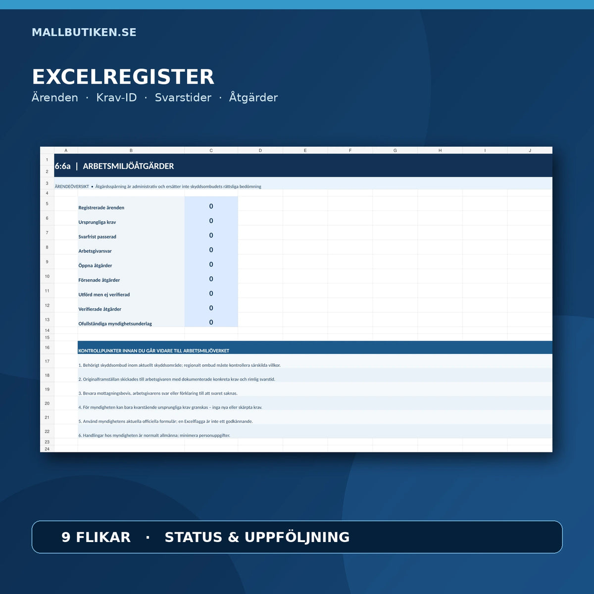 Excelregister för 6:6a-begäran med nio flikar och kontroll av åtgärder