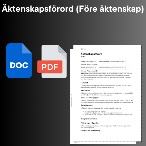 Mall för äktenskapsförord före äktenskap med DOC och PDF ikoner.