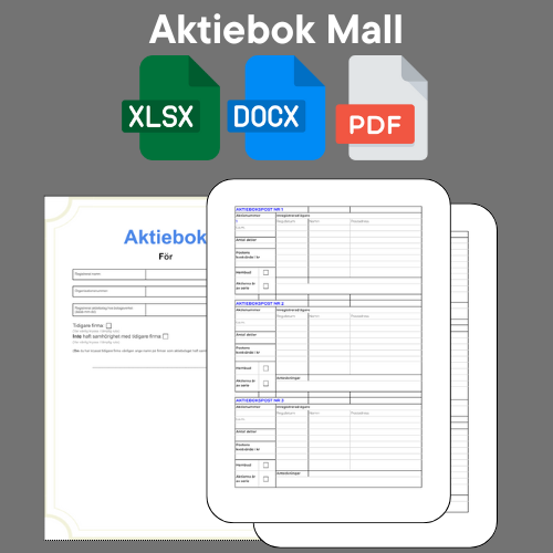 Mall för aktiebok med XLSX, DOCX och PDF ikoner.