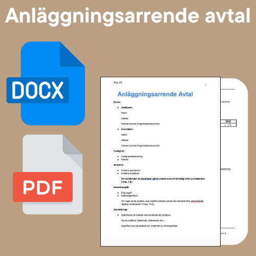 Anläggningsarrende avtal mall i Word och PDF