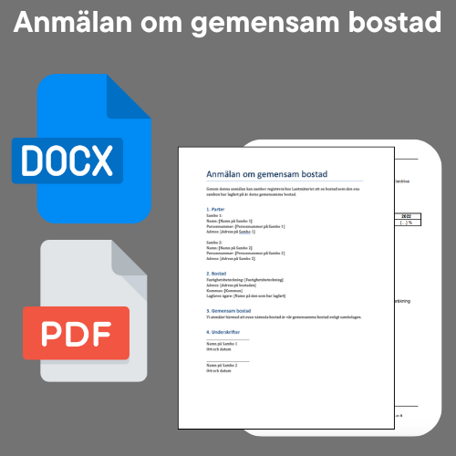 Mall för anmälan av gemensam bostad med DOCX och PDF ikoner.