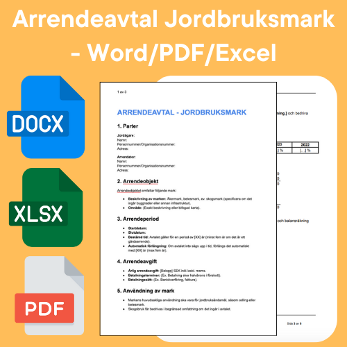 Arrendeavtal jordbruksmark mall i Word, PDF och Excel