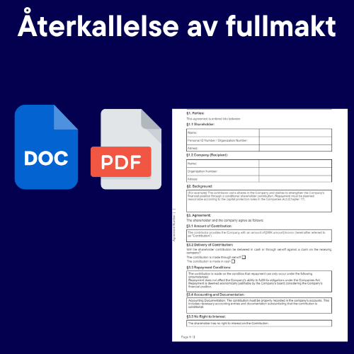 Mall för återkallelse av fullmakt med PDF och DOC ikoner.