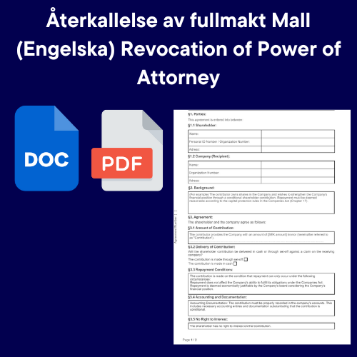 Mall för återkallelse av fullmakt på engelska med DOC och PDF ikoner.