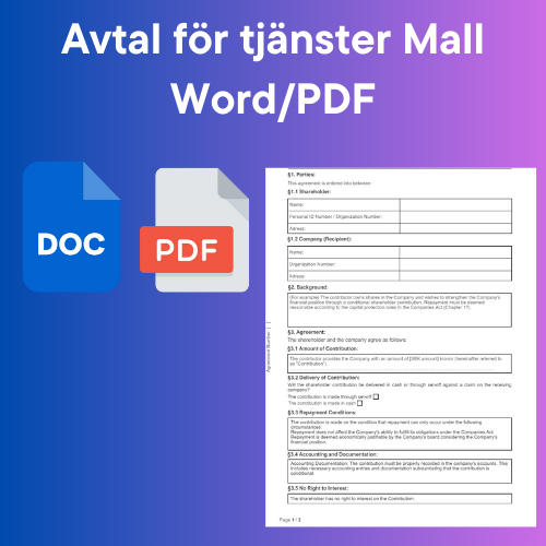 Mall för avtal av tjänster med PDF och DOCX format.