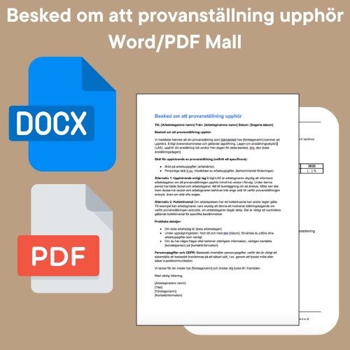 Besked om att provanställning upphör Mall - Word/PDF