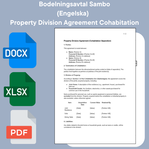 Bodelningsavtal sambo på engelska i Word, PDF och Excel