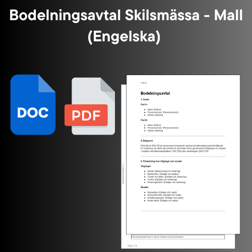 Bodelningsavtal vid skilsmässa på engelska i Word och PDF