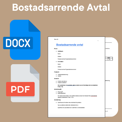 Mall för Bostadsarrende avtal med PDF och DOCX ikoner.