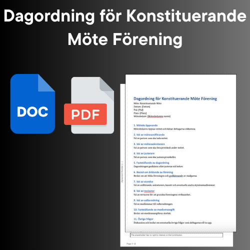 Mall för Dagordning för konstituerande möte förening med DOC och PDF ikoner.