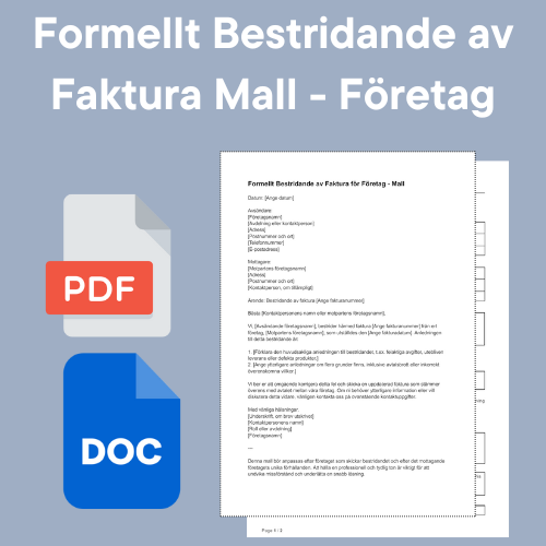 Formellt bestridande av faktura mall för företag med ikoner för PDF och DOC format